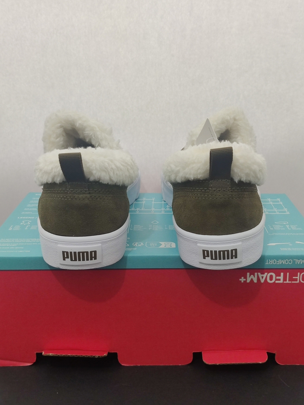 Puma Olive Green Suede Slip-On Sneakers with Cream Shearling Collar - Picture 5 of 7